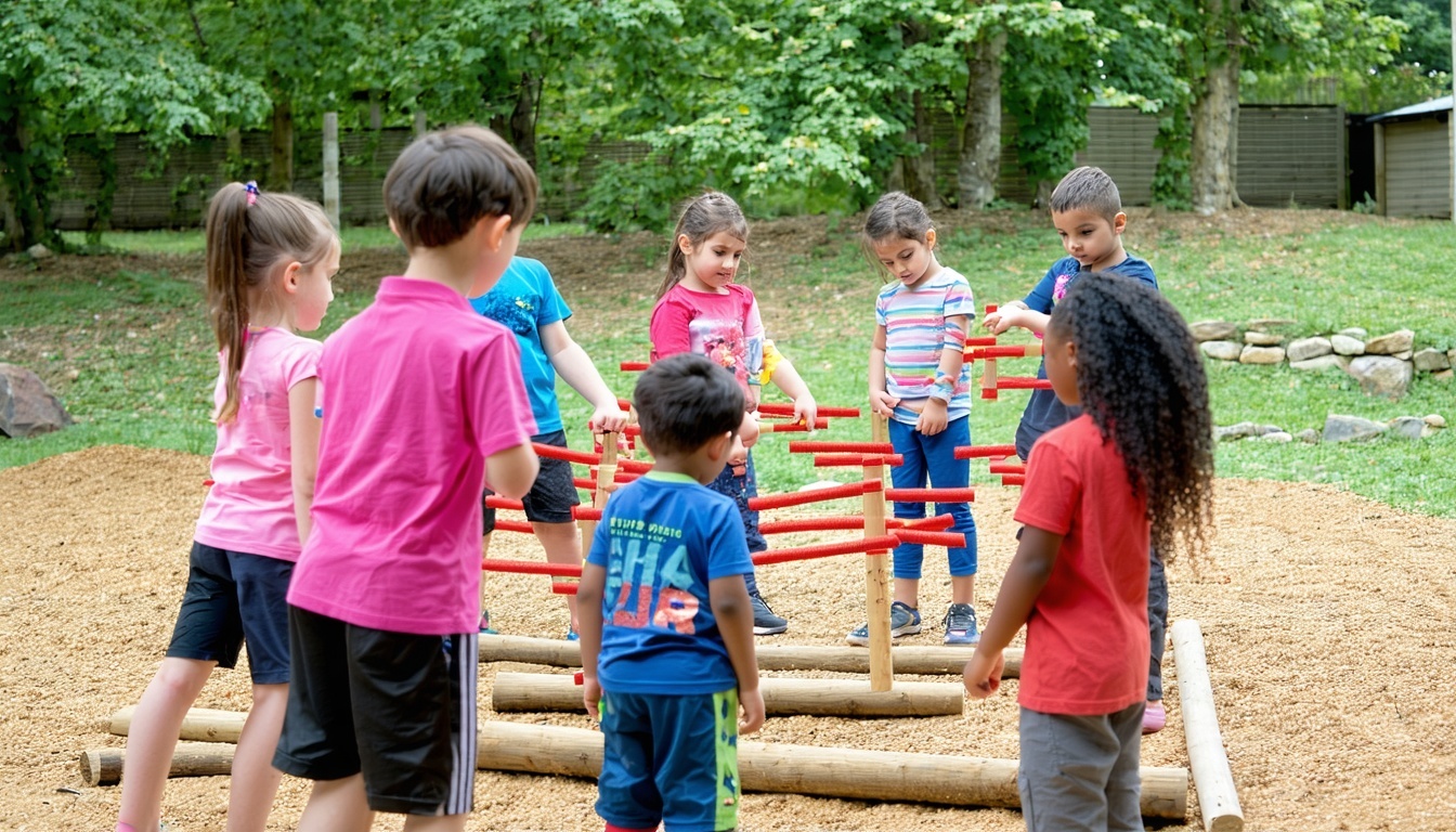 Children participating in a team-building workshop, learning resilience and teamwork.