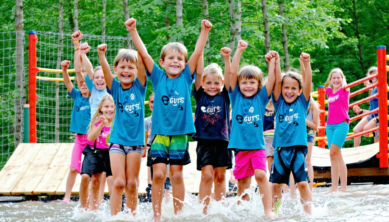 A group of kids celebrating after completing a GUTS challenge course, showing their tenacity and strength.