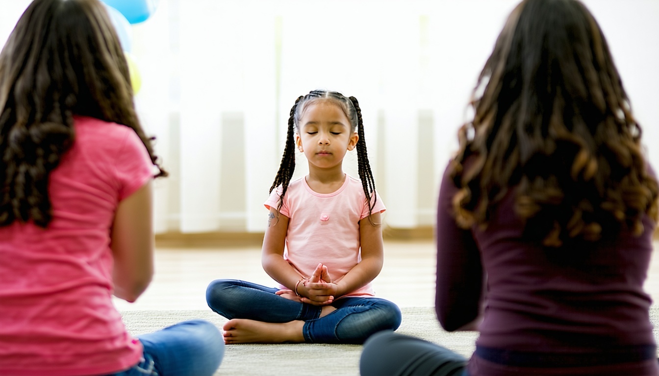 A young girl practicing mindfulness during a GUTS emotional resilience session.